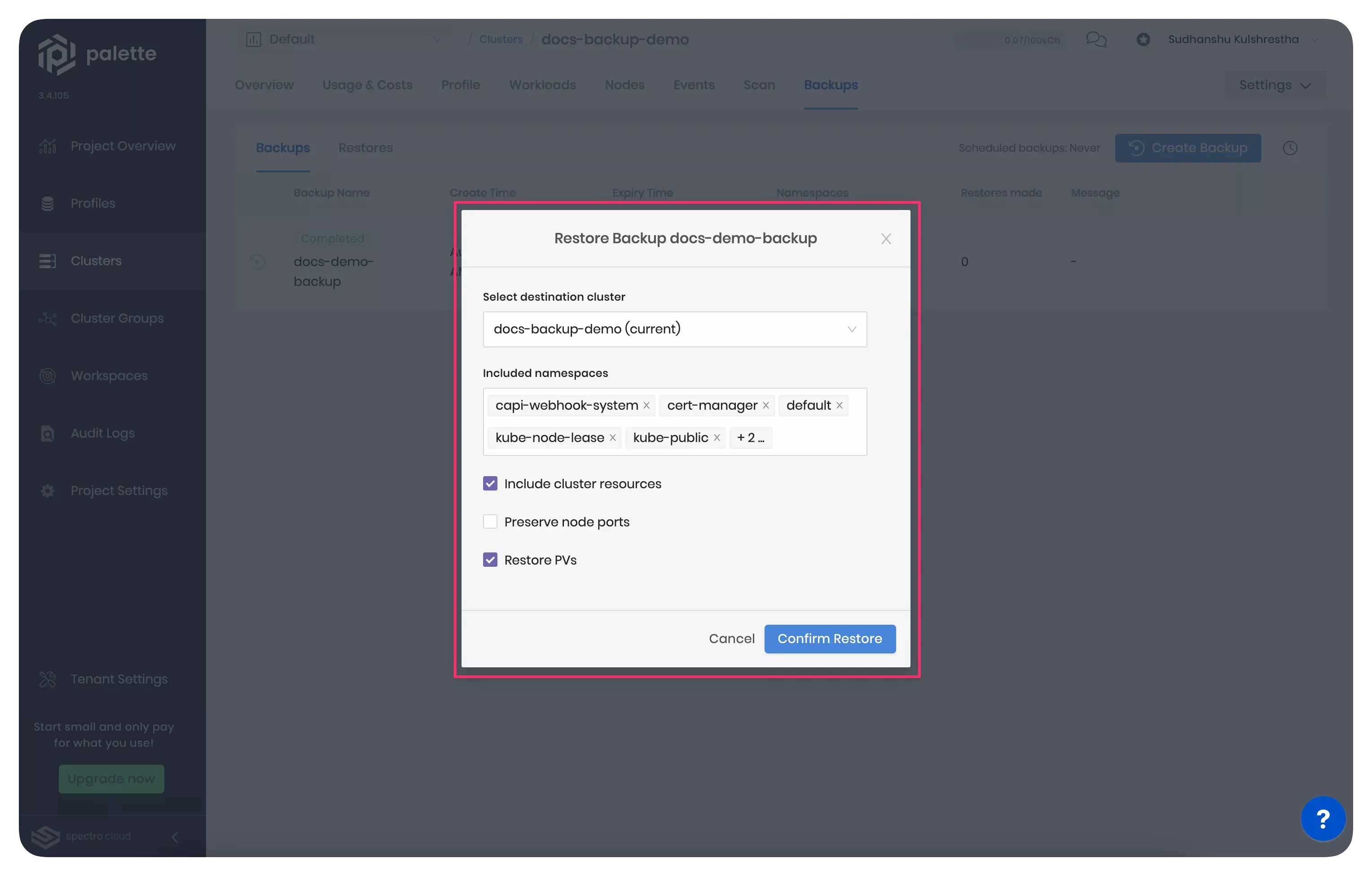 A screenshot highlighting the restore operation configurations.