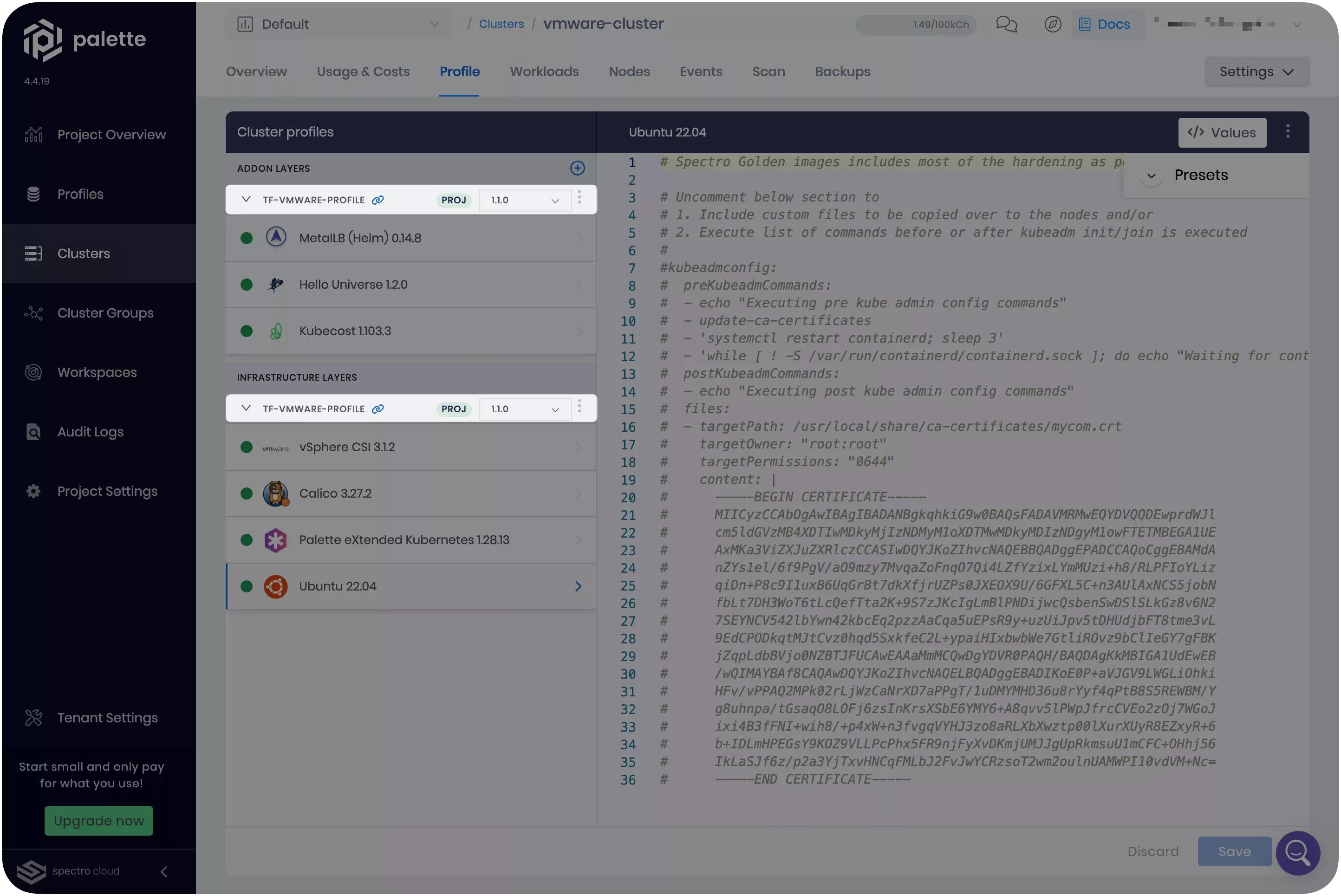 Image that shows the new cluster profile version with Kubecost