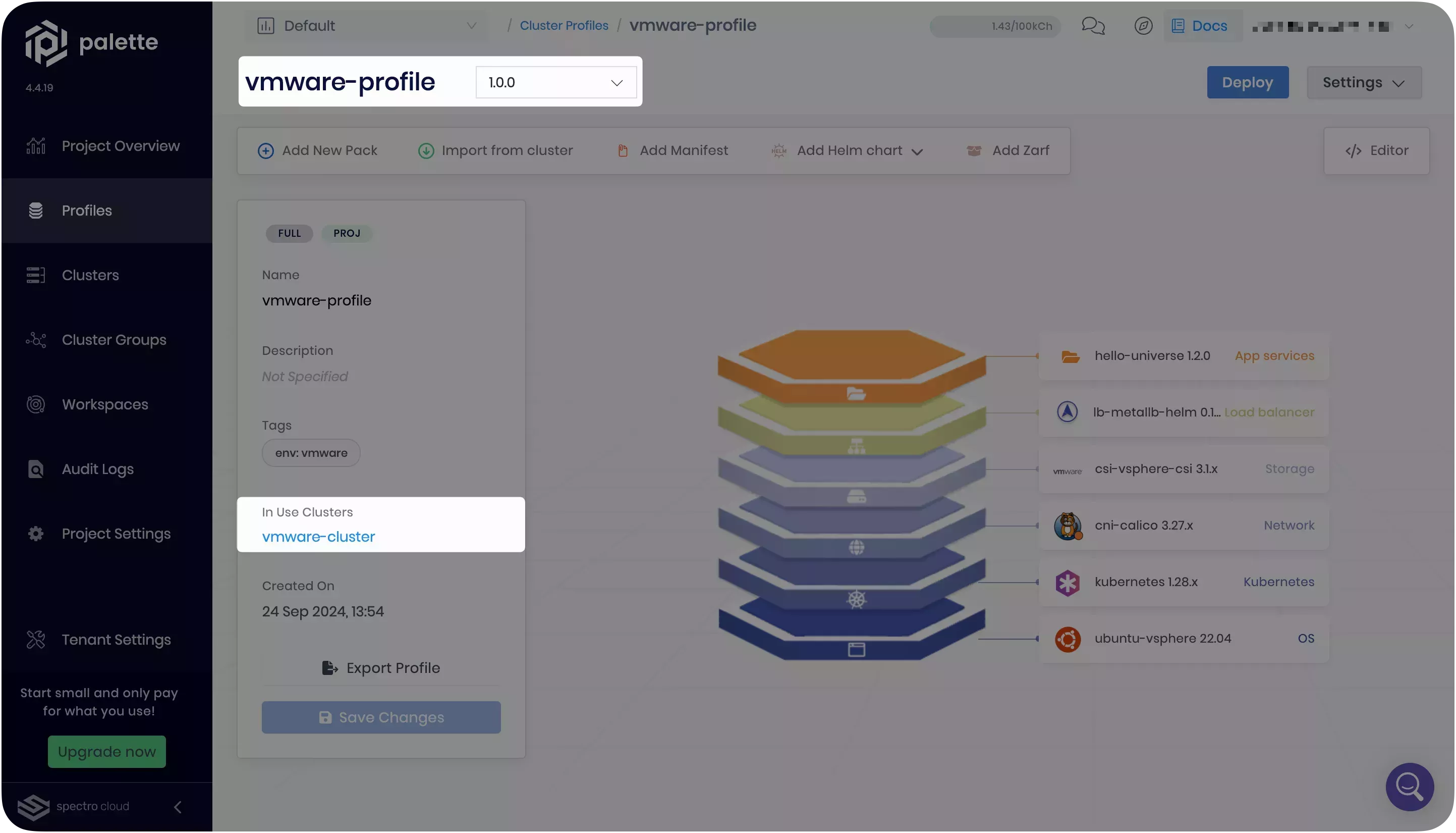 Image that shows the frontend cluster profile with cluster linked to it